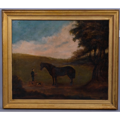 668 - Nineteenth Century English Provincial Naïve School, oil on canvas, Horse with Dogs, 48cm x 59 cm