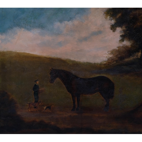 668 - Nineteenth Century English Provincial Naïve School, oil on canvas, Horse with Dogs, 48cm x 59 cm