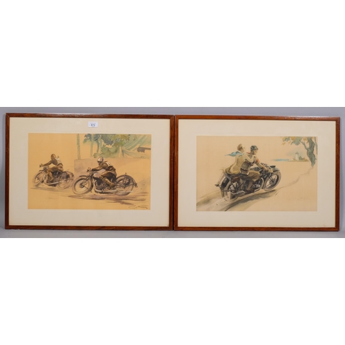 672 - George Hann, pair of motorcycle studies, colour prints, 30cm x 48cm, framed