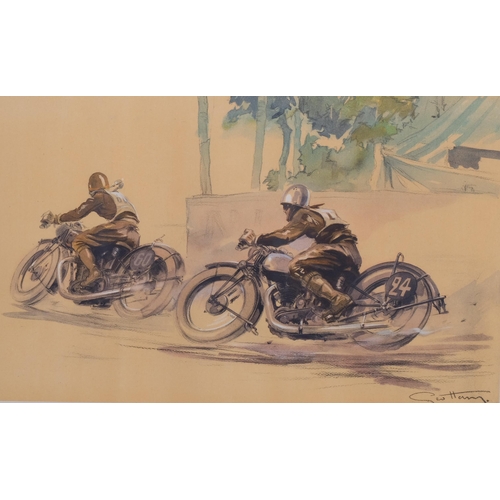 672 - George Hann, pair of motorcycle studies, colour prints, 30cm x 48cm, framed