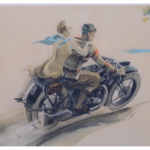 672 - George Hann, pair of motorcycle studies, colour prints, 30cm x 48cm, framed