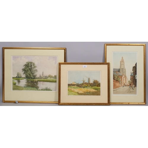 673 - Tatton Winter, watercolour, Surrey Mills, 24cm x 31cm, and 2 coloured etchings by the same artist, f... 