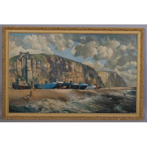 675 - Jean Moore, fishing boats at the Stade, Hastings, oil on board, signed, 75cm x 120cm, framed