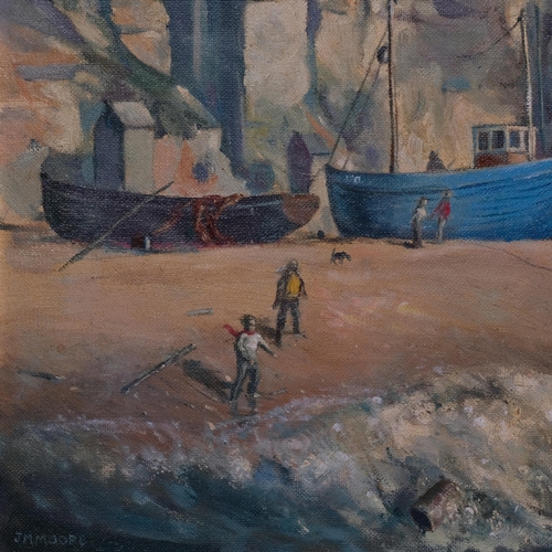 675 - Jean Moore, fishing boats at the Stade, Hastings, oil on board, signed, 75cm x 120cm, framed