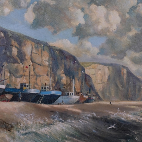 675 - Jean Moore, fishing boats at the Stade, Hastings, oil on board, signed, 75cm x 120cm, framed