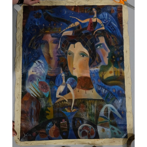 686 - Contemporary Russian School, modernist portrait, oil on unstretched canvas, inscribed verso, image 7... 