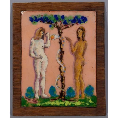 687 - George Petty, Adam and Eve, enamel painting on copper, signed, 21cm x 16cm, unframed