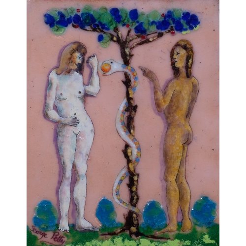 687 - George Petty, Adam and Eve, enamel painting on copper, signed, 21cm x 16cm, unframed