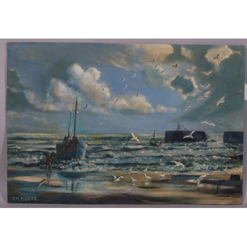 689 - J M Moore, Hastings beach scene, oil on board, signed, 41cm x 61cm, unframed