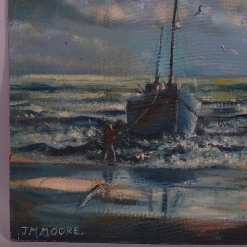 689 - J M Moore, Hastings beach scene, oil on board, signed, 41cm x 61cm, unframed