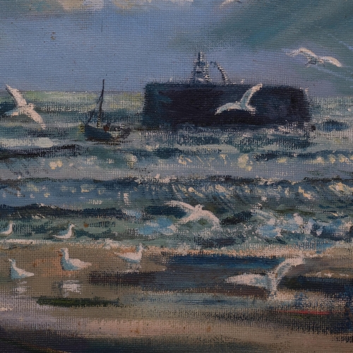 689 - J M Moore, Hastings beach scene, oil on board, signed, 41cm x 61cm, unframed