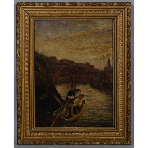 693 - 19th century fishing harbour scene, oil on canvas, 35cm x 25cm, framed