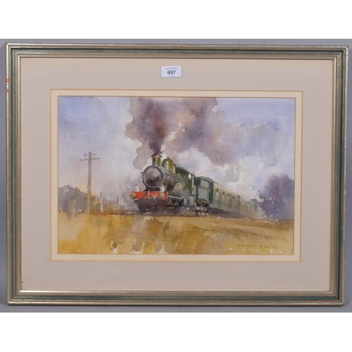 697 - Malcolm Rogers, steam locomotive on the Bluebell Railway, watercolour, signed, 30cm x 45cm, framed