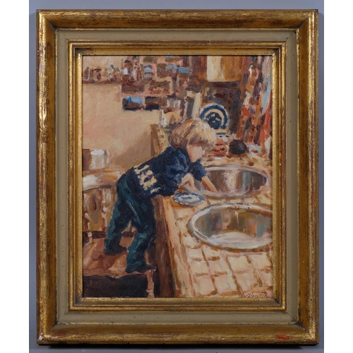 700 - Edward Dawson (1941 - 1999), washing up, oil on board, signed, 24cm x 19cm, framed