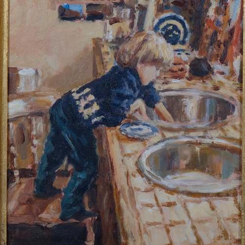 700 - Edward Dawson (1941 - 1999), washing up, oil on board, signed, 24cm x 19cm, framed