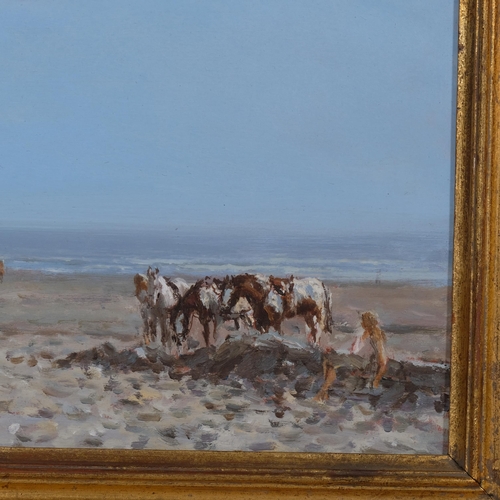 702 - Edward Dawson (1941 - 1991), beach ponies, oil on board, signed, 19cm x 29cm, framed