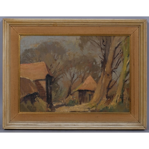 704 - Old farm buildings, mid-20th century oil on board, unsigned, 23cm x 34cm, framed