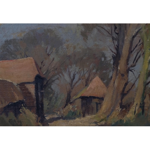 704 - Old farm buildings, mid-20th century oil on board, unsigned, 23cm x 34cm, framed