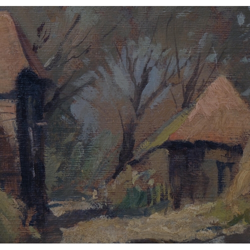 704 - Old farm buildings, mid-20th century oil on board, unsigned, 23cm x 34cm, framed