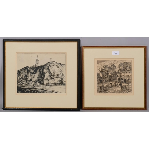 707 - E Owen Jennings, 2 etchings, market square Settle, no. 2/50, plated 17.5cm x 19cm, and a quarry, pla... 