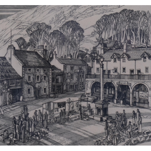 707 - E Owen Jennings, 2 etchings, market square Settle, no. 2/50, plated 17.5cm x 19cm, and a quarry, pla... 