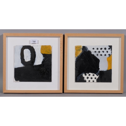 708 - Pair of contemporary abstract compositions, oils on board, unsigned, 19cm x 19cm, framed