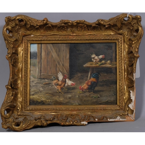 725 - R Hunt, contemporary study, poultry in farm shed, oil on panel, signed, 12cm x 18cm, framed