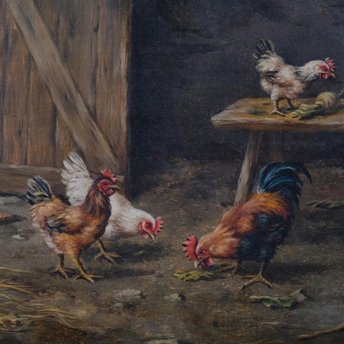 725 - R Hunt, contemporary study, poultry in farm shed, oil on panel, signed, 12cm x 18cm, framed