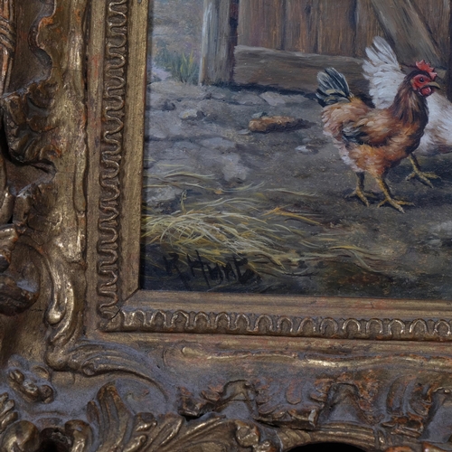 725 - R Hunt, contemporary study, poultry in farm shed, oil on panel, signed, 12cm x 18cm, framed