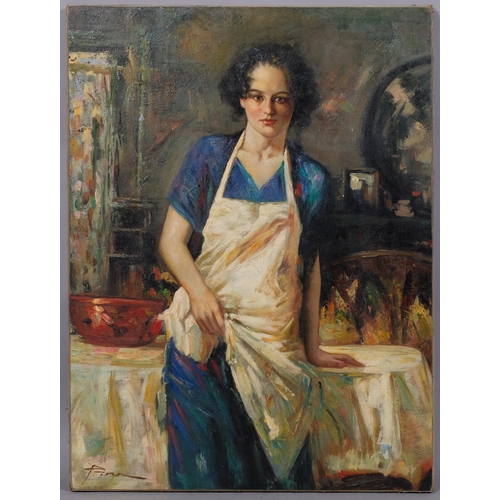 726 - Portrait of a woman wearing an apron, 20th century oil on canvas, indistinctly signed, 61cm x 46cm, ... 