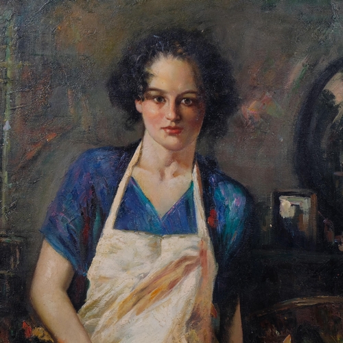 726 - Portrait of a woman wearing an apron, 20th century oil on canvas, indistinctly signed, 61cm x 46cm, ... 