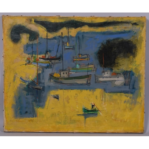 727 - Francise, abstract harbour scene, oil on canvas, signed and dated 1967, 50cm x 60cm, unframed