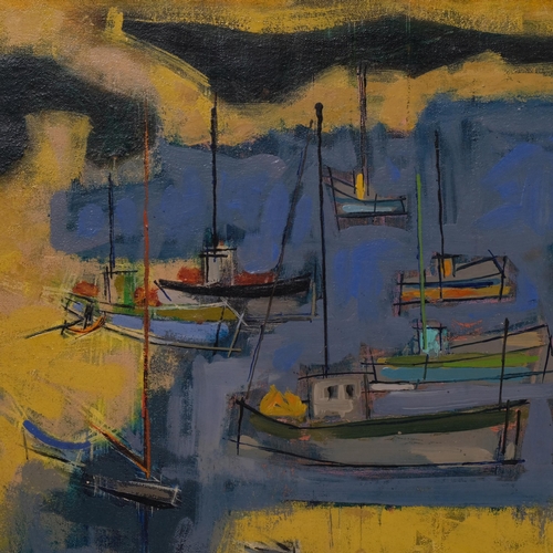 727 - Francise, abstract harbour scene, oil on canvas, signed and dated 1967, 50cm x 60cm, unframed