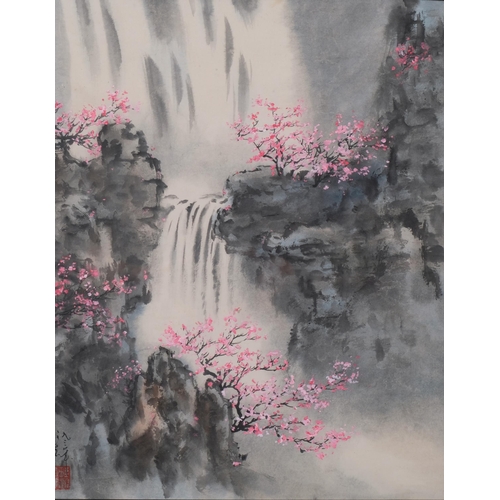 728 - Chinese School, waterfall and blossom, watercolour/ink, signed, 38cm x 31cm, framed