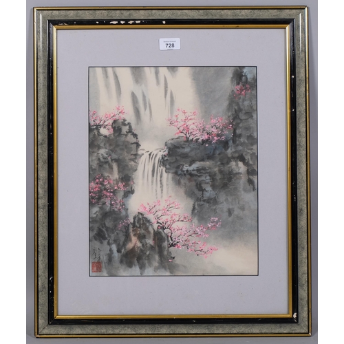 728 - Chinese School, waterfall and blossom, watercolour/ink, signed, 38cm x 31cm, framed