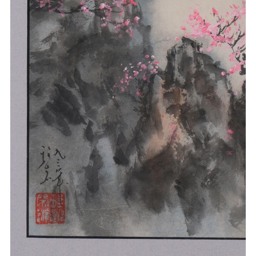 728 - Chinese School, waterfall and blossom, watercolour/ink, signed, 38cm x 31cm, framed