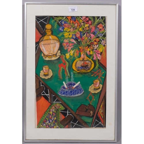 729 - Susy Douglas, modernist still life, watercolour, signed, dated 1951, 48cm x 31cm, framed