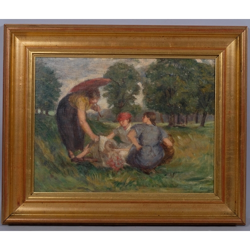 730 - Impressionist study of 3 gossips, oil on canvas, unsigned, 35cm x 46cm, framed