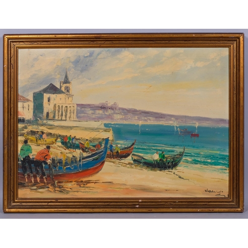 733 - Virgilio (Italian), Naples fishing harbour, oil on canvas, signed, 49cm x 69cm, framed