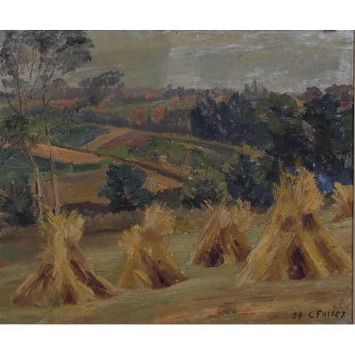 735 - C Fosset, harvest landscape, oil on canvas, signed and dated '38, 55cm x 65cm, framed