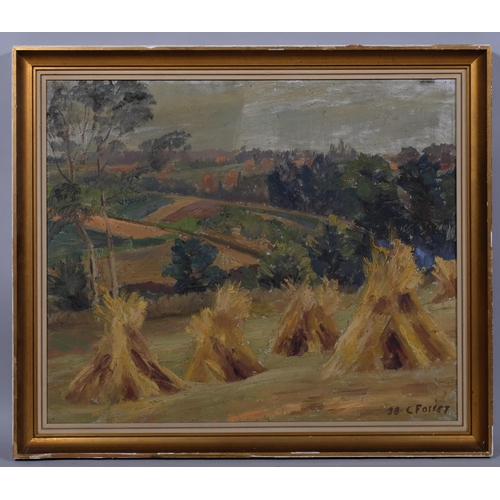 735 - C Fosset, harvest landscape, oil on canvas, signed and dated '38, 55cm x 65cm, framed