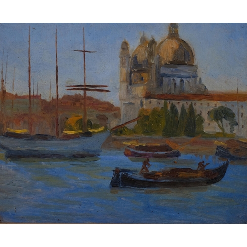 741 - Boats in Venice, mid-20th century oil on board, unsigned, 21cm x 26cm, framed