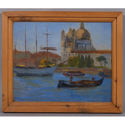 741 - Boats in Venice, mid-20th century oil on board, unsigned, 21cm x 26cm, framed