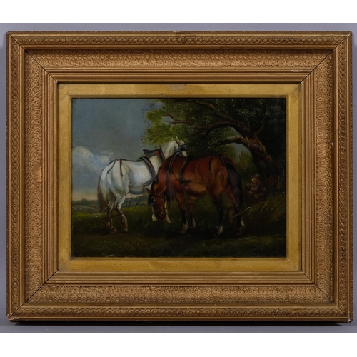 742 - Hallett, work horses resting, oil on canvas, signed, 23cm x 30cm, framed and glazed