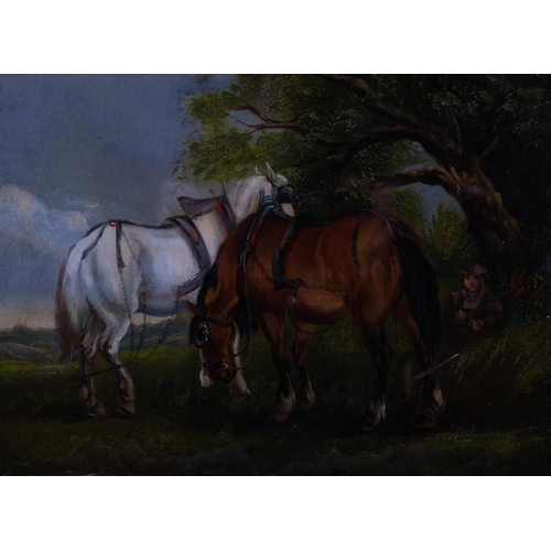 742 - Hallett, work horses resting, oil on canvas, signed, 23cm x 30cm, framed and glazed