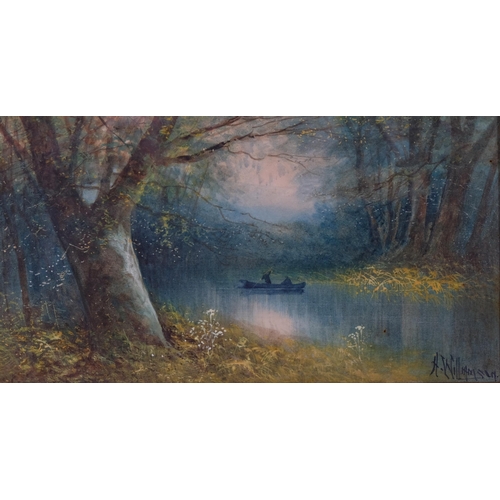 744 - H Williamson, moonlit Thames scene near Shiplake, early 20th century watercolour, signed, 15cm x 27c... 