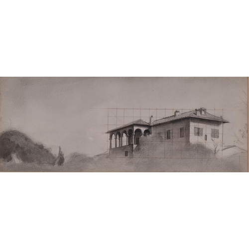 745 - Pencil architectural study, Continental buildings, unsigned with Rowley framing label, 12cm x 30cm, ... 