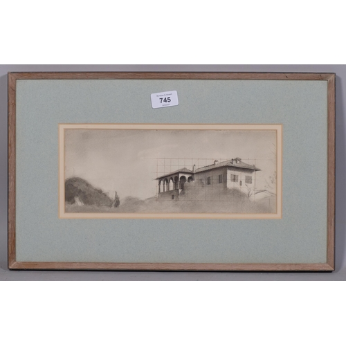 745 - Pencil architectural study, Continental buildings, unsigned with Rowley framing label, 12cm x 30cm, ... 