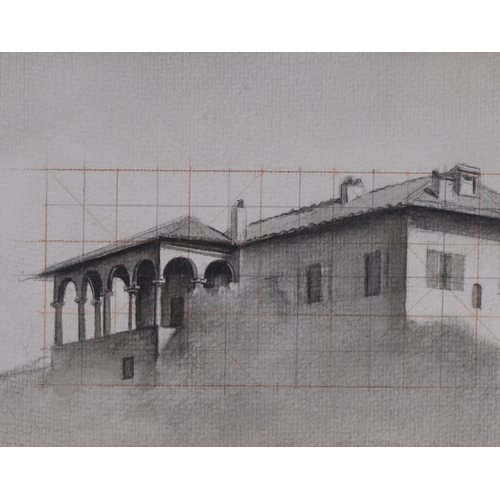 745 - Pencil architectural study, Continental buildings, unsigned with Rowley framing label, 12cm x 30cm, ... 