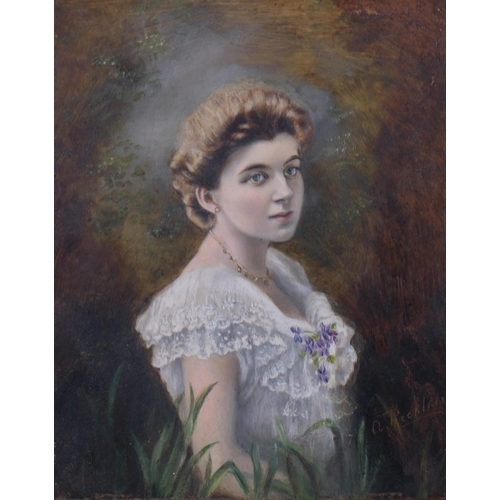 747 - A Rickless, late 19th century portrait of a woman, oil on opaque glass panel, signed, 25cm x 20cm, f... 